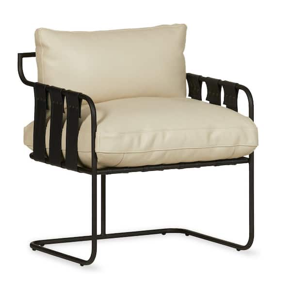 Benjara Cream and Black Leather Armchair with Cantilever