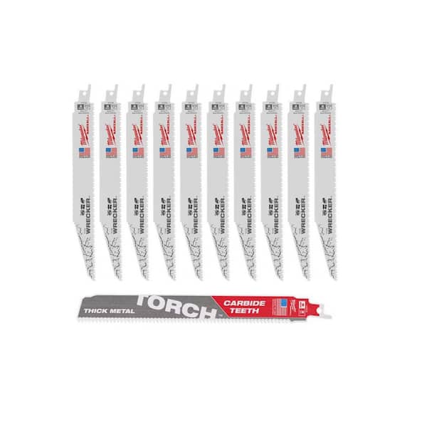 Milwaukee 9 in. 7/11 TPI WRECKER Demo Multi-Material SAWZALL Reciprocating Saw Blades (10-Pk) & 9 in. 8 TPI TORCH Carbide Blade