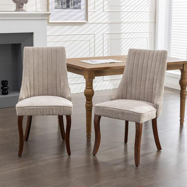 Rustic Beige Flocking Velvet Channel Upholstered Dining Chairs Set of 2 with Curved Solid Wood Legs for Dining Room