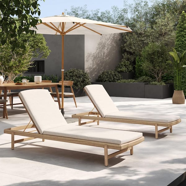 Knox Teak Finish Acacia Wood Outdoor Patio Chaise Lounge with Beige Fabric Cushions, Adjustable Backrest, Set of 2