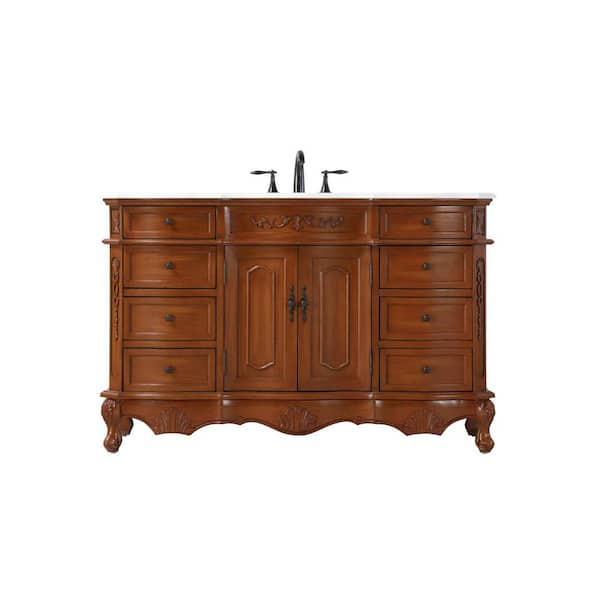54 in. Single Sink Freestanding Teak Bath Vanity with Ivory White Engineered Marble Top