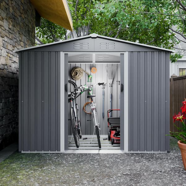 8 ft. W x 6 ft. D Outdoor Metal Storage Shed with Metal Foundation and Lockable for Yard, Covers 48 Square Feet, Gray