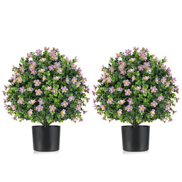 1.8 ft. Artificial Boxwood Topiary Ball Tree with Purple Flowers in Pot for In-Outdoor Decor (2-Pack)