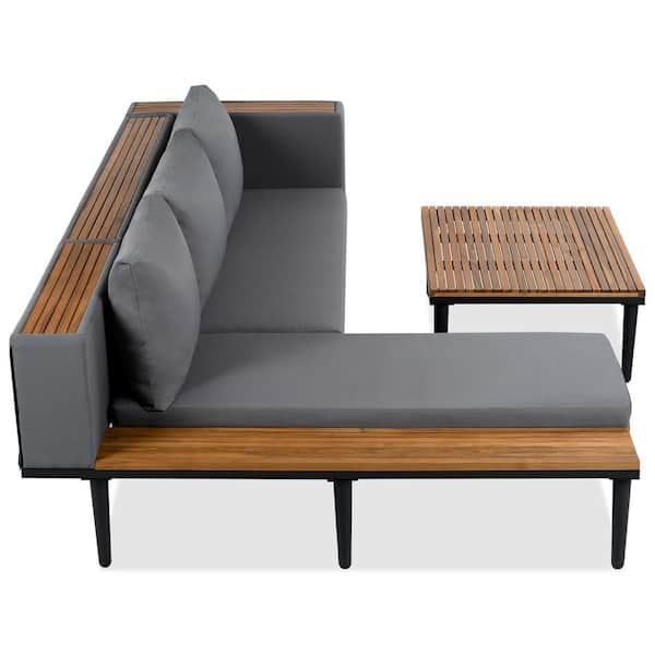 Metal Outdoor Couch with Gray Cushions, Acacia Wood Top Side Table