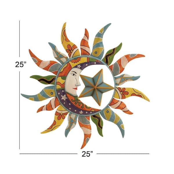 25 in. x 25 in. Metal Multi Colored Indoor Outdoor Sun and Moon Wall Decor with Abstract Patterns