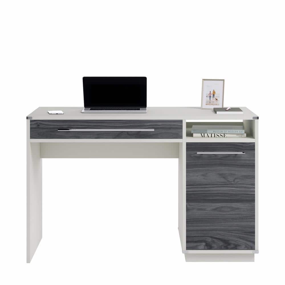 White Engineered Wood Desk with Keyboard Tray and Storage