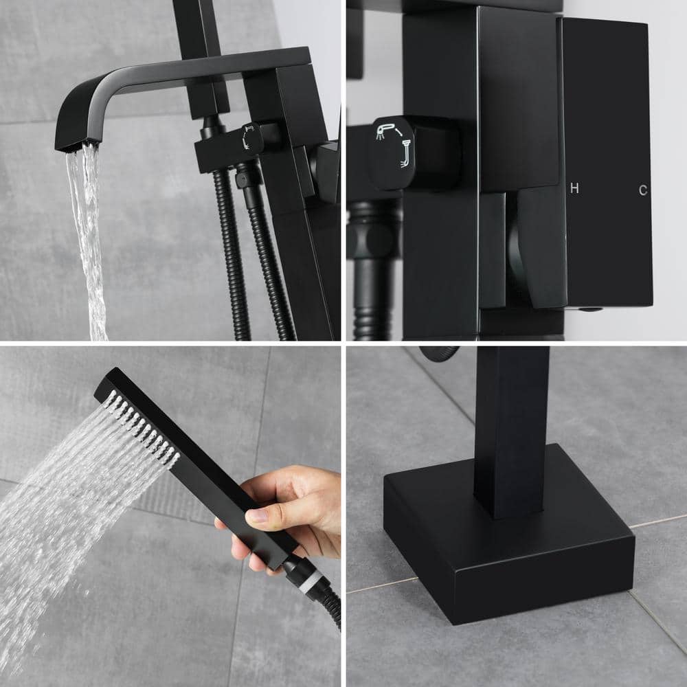 Matte Black Brass Floor-Mounted Freestanding Tub Filler