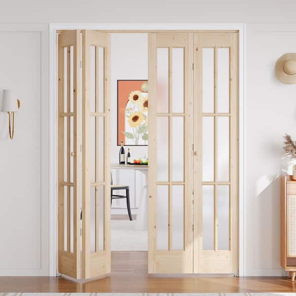 60 in. x 80 in. 6 Lite Pre Assembled Frosted Glass Brown Unfinished Solid Core Wood Bi-fold Door with Hardware