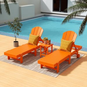Laguna 3-Piece Outdoor Patio Adjustable HDPE Reclining Adirondack Chaise Lounger with Wheels, Side Table Set, Orange