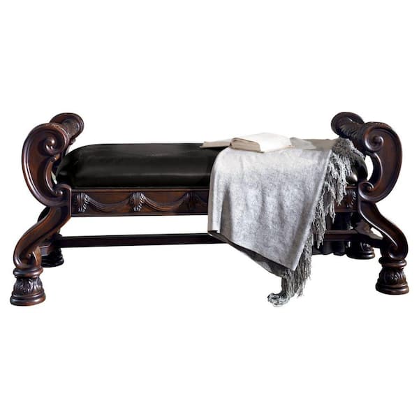 Benjara 54 in. Brown Backless Bedroom Bench with Rolled Arms and Ornate Carved Details