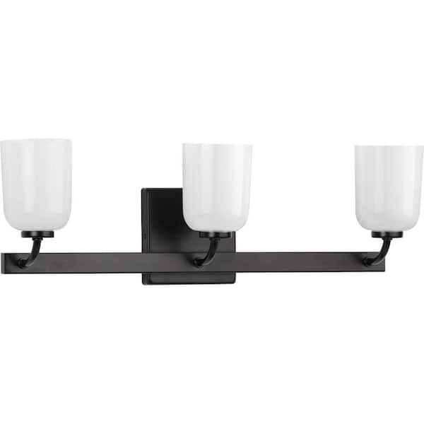 Progress Lighting Moore Collection 3-Light Matte Black White Opal Glass Luxe Bath Vanity Light