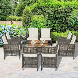 10-Piece Patio Rattan Furniture Set Cushioned Sofa Armrest Wooden Tabletop