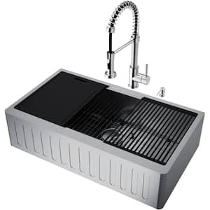 Oxford 36 in. 16 Gauge Stainless Steel Single Bowl Workstation Farmhouse Sink with Apron-Front, Faucet and Accessories