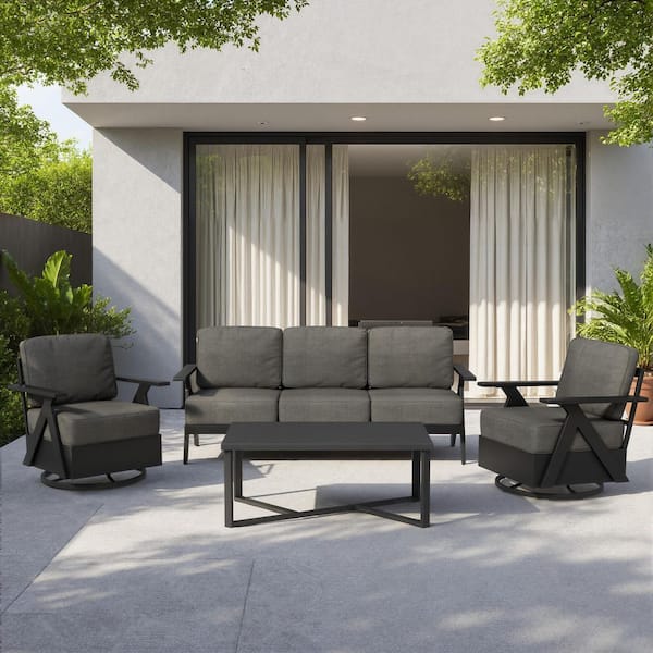 4-piece Patio Outdoor Conversation Set with Thick Gray Cushions and Swivel Rocking Chairs, Coffe Table
