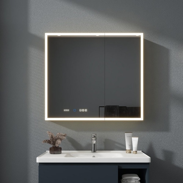 36 in. W x 32 in. H Rectangular Aluminum Recessed/Surface Mount LED Medicine Cabinet with Mirror, 5x Magnifying Mirror