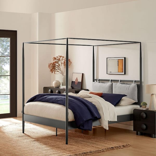 Marlowe Charcoal Black 4-Poster Canopy Metal Frame Queen Platform Bed