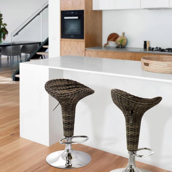 2 Piece 26 in. Adjustable Rattan Barstool in Brown with Chrome Base and Metal Frame