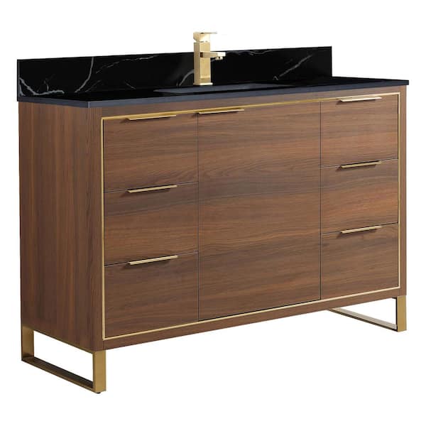 FINE FIXTURES Opulence 48 in. W x 18 in. D x 33.5 in H. Bath Vanity in Walnut Ebony with Black Marble Stone Top