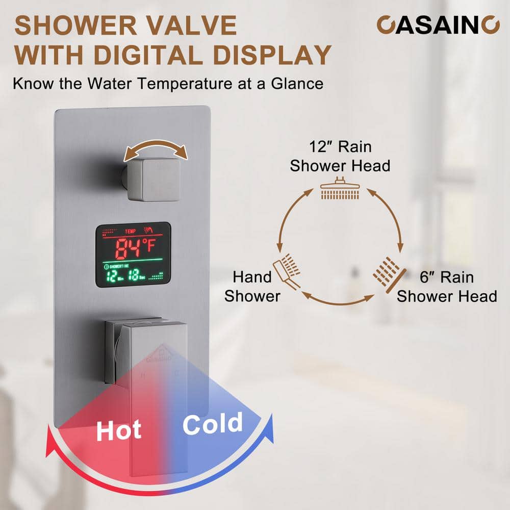 Brushed Nickel Rainfall Dual Shower Head System with Digital Display