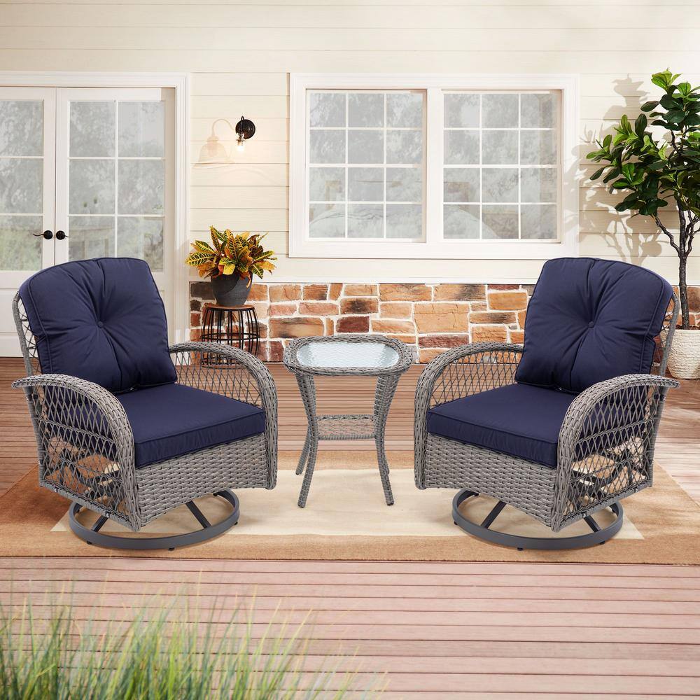 3-Piece Outdoor Wicker 360° Rocking Patio Conversation Set with Navy Blue Cushions and Coffee Table for Backyard price history on PriceWatchPro