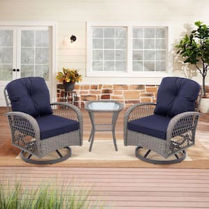 3-Piece Outdoor Wicker 360° Rocking Patio Conversation Set with Navy Blue Cushions and Coffee Table for Backyard