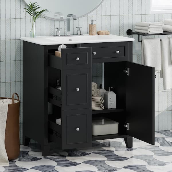 Tenleaf 30 in. W Single Sinks Freestanding Bath Vanity in Black with White Ceramic Top and Double-Layer Drawer
