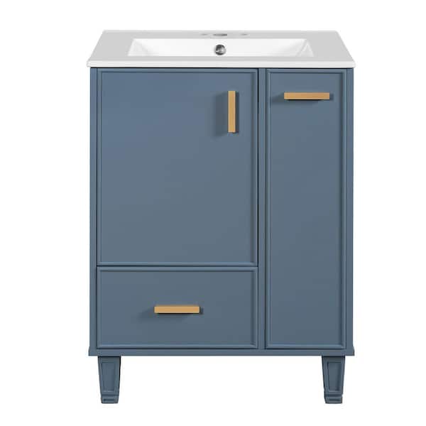 24 in. Freestanding Gray Blue Bath Vanity with White Ceramic Top Unassembled