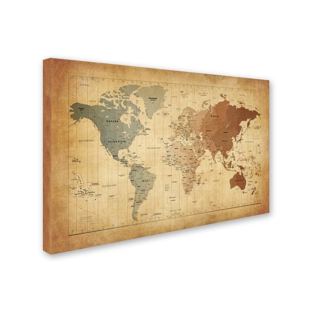 Vintage World Time Zones Map Canvas Art in Brown and Gray