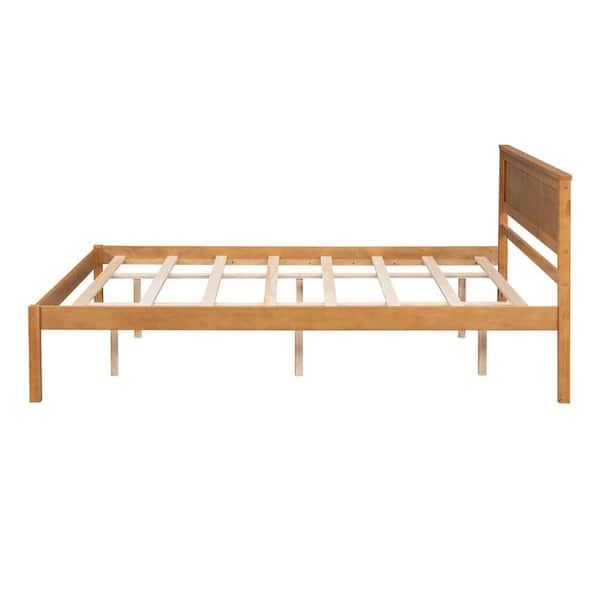 Modern Oak (Brown) Wood Frame Queen Size Platform Bed with Headboard, Additional Support Slats Legs