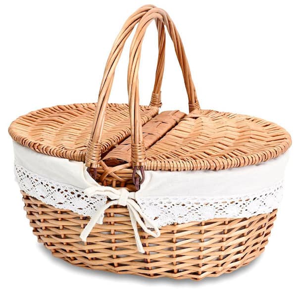 Large Natural Wicker Picnic Basket with Removable Lace Liner, Dual-Entry Lid and Foldable Handles for 2