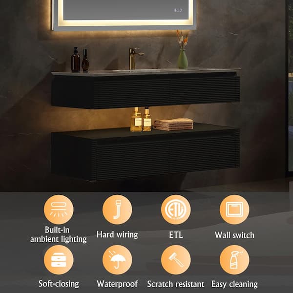 48 in. W X 20.7 in. D X 19.6 in. H Single Wall Hung Bath Vanity in Black Tone with White Engineered Marble Top