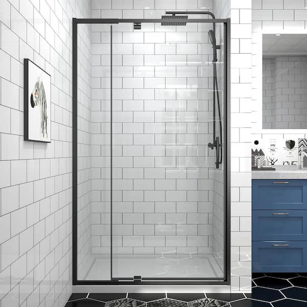 Hans 38 in.-42 in. Wx 71 in. H Pivot Frameless Shower Door in Matte Black Finish w/ Clear Tempered Glass with Reversible