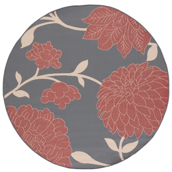 Courtyard Anthracite/Red 4 ft. x 4 ft. Floral Scroll Indoor/Outdoor Round Area Rug