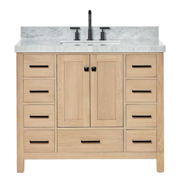 Cambridge 42 in. W x 22 in. D x 36.5 in. H Single Freestanding Bath Vanity in Oak with Italian Carrara Marble Top