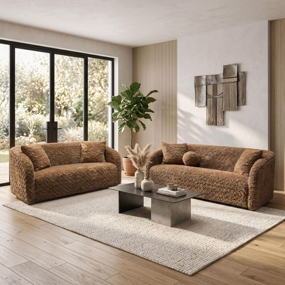 Gaine 2-Piece Brown Wood Frame Fabric Fiber Upholstered Living Room Set with Pocket Coils