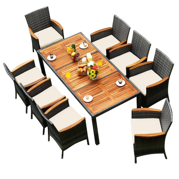 Costway 9-Piece Patio Mix Gray Rattan Plastic Outdoor Dining Table in Gray Cushions