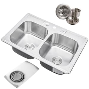 Topmount Drop-In 18G Stainless Steel 33-1/8 in. 3-Faucet Hole 50/50 Double Bowl Kitchen Sink with Colander and Strainer