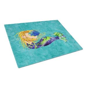 Blonde Mermaid on Teal Tempered Glass Large Cutting Board