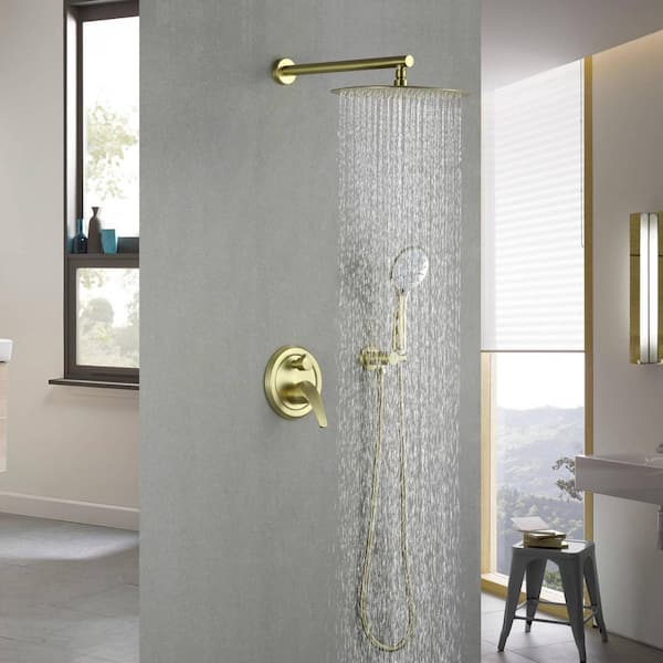Single-Handle 5-Spray Round Shower Faucet with 12 in. Shower Head and Hand Shower in Brushed Gold (Valve Included)
