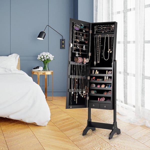 61.5 in. H x 18 in. W x 14.5 in. D Black Full-Length Mirror 4-Tilting Position Jewelry Organizer Vanity Box