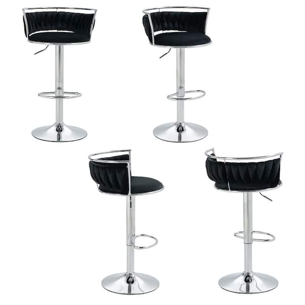 Uixe 38.5 in. Modern Silver Metal Frame Low Back Swivel Adjustable Height Bar Stool with Black Velvet Seat (set of 4)