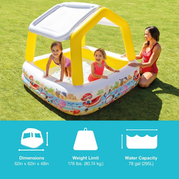 Intex - Square 62 in. x 48 in. Deep Inflatable Ocean Scene Sun Shade Kids Swimming Pool with Canopy