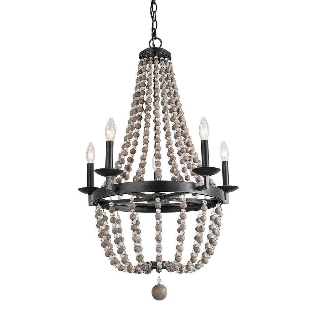 6-Light Chandelier with Antique Brushed Silver and Distressed Wood - Ideal 