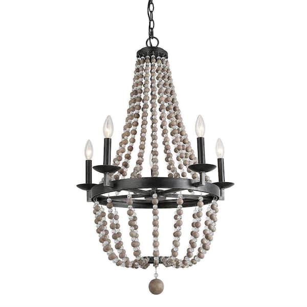 Unbranded 6-Light Chandelier with Antique Brushed Silver and Distressed Wood - Ideal for Dining, Living Room and Foyer.