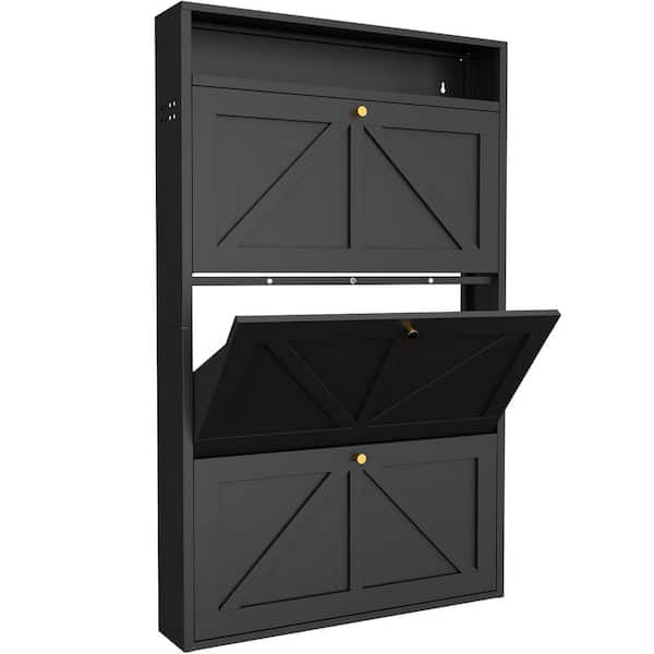Entryway 48.35 in. H x 29.92 in. W Black Steel Metal Wall-Mounted Shoe Storage Cabinet with 3 Flip Drawers