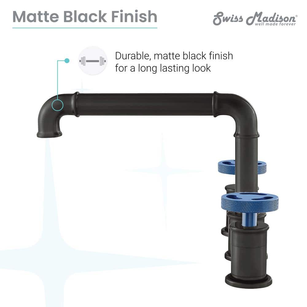 Swiss Madison Avallon Matte Black 8" Widespread Bathroom Faucet with Blue Handles