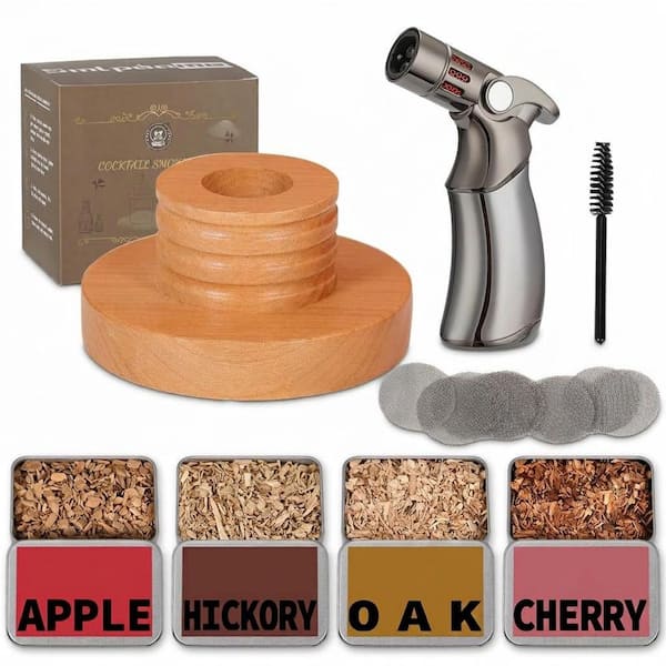 1-Kit Natural Cherry Wood Cocktail Smoker Kit with Torch and 4 Flavors Wood Chips for Whiskey Bourbon Drinks