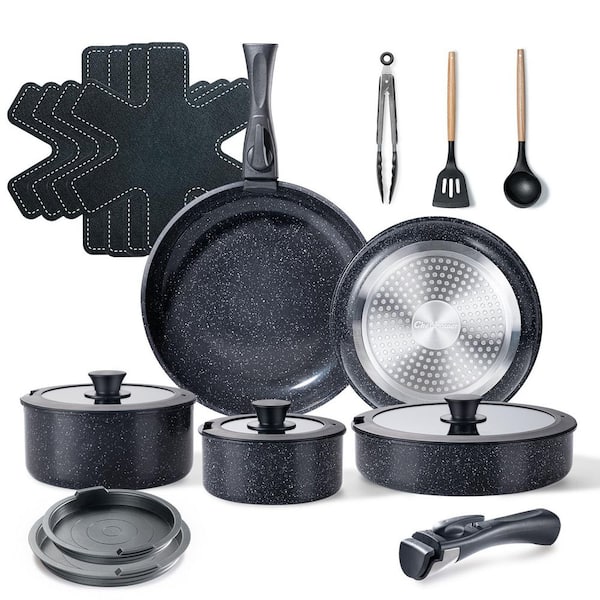 Ceramic Nonstick Cookware Set 19 Piece with Detachable Handle, Stock Pot 3.4 qt Pans and Pots, Rock Stone Black