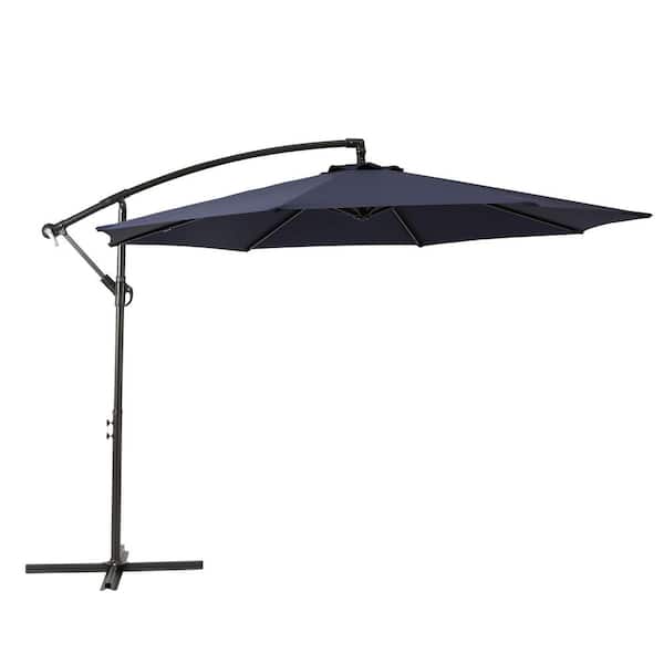 Bayshore Outdoor 10 ft. Hanging Offset Cantilever Patio Umbrella with Easy Crank Lift and Cross Base in Navy Blue