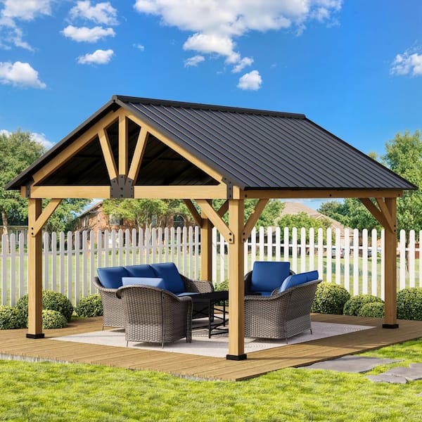 13 ft. x 11 ft. Solid Cedar Wood Hardtop Outdoor Patio Gazebo with Galvanized Steel Roof and Ceiling Hook